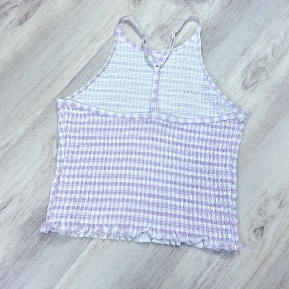 Lavender & White Gingham Print Ruffled Hem High-Neck Racerback Smocked Gauze Top - Picture 3 of 10